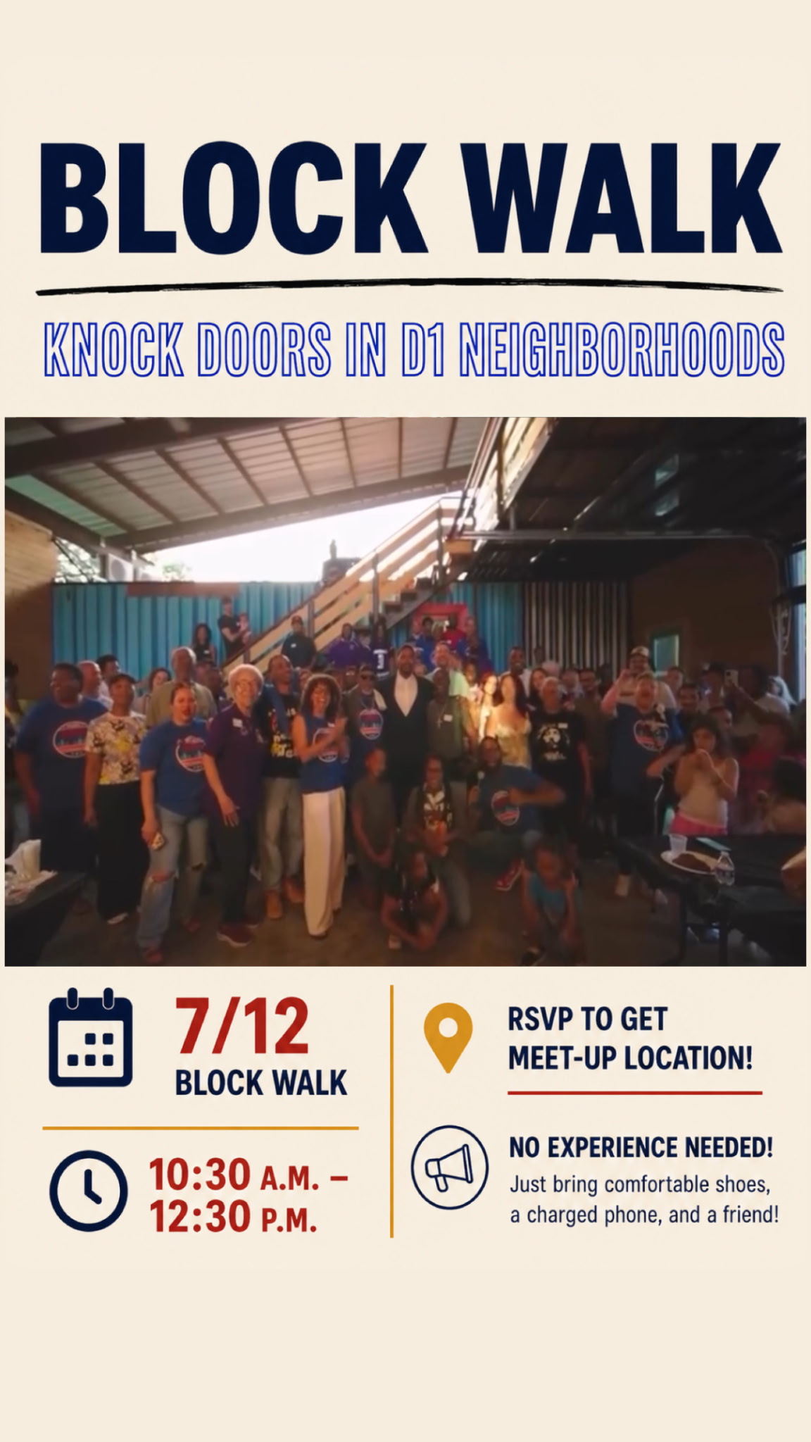 Block Walk — Knock Doors in D1 Neighborhoods. Sunday July 12, 10:30 a.m. to 12:30 p.m. RSVP to get meet-up location. No experience needed.
