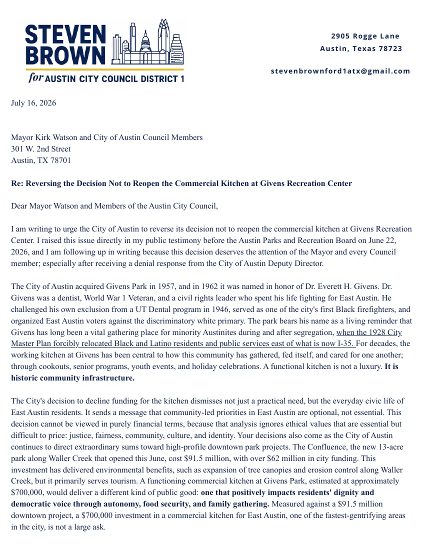 Petition letter to Mayor Watson and the Austin City Council: Reopen the Commercial Kitchen at Givens Recreation Center