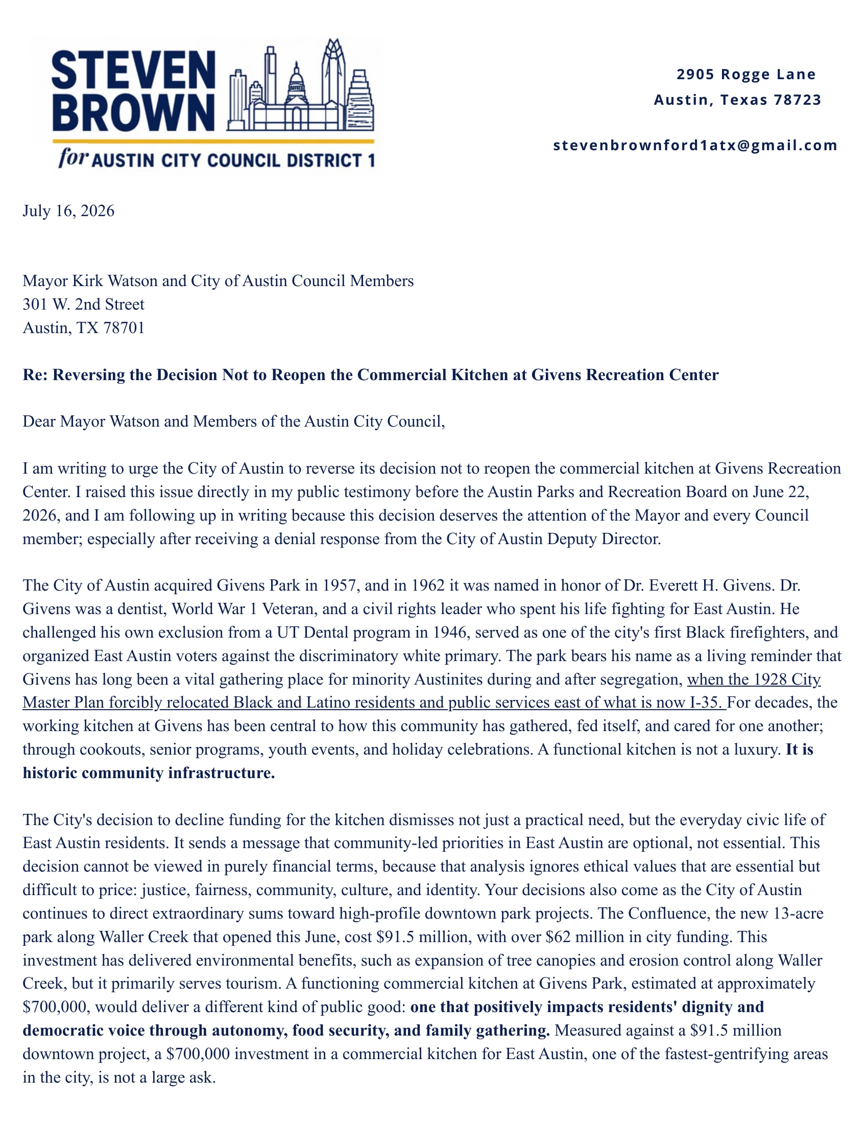 Petition letter to Mayor Watson and the Austin City Council urging the city to reverse its decision and reopen the commercial kitchen at Givens Recreation Center